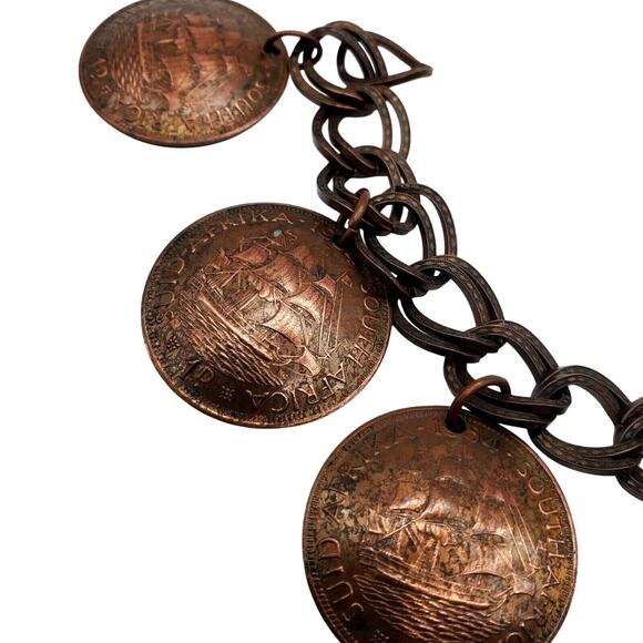 Vintage 1950s South African Coin Charm Bracelet Copper Five Cent Travel Chain - Picture 12 of 14